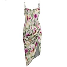 Cider Floral Satin Ruched Midi Dress Size L Watercolor Y2K Party Coquette