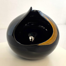 Vintage Japanese Ikebana Vase Black Gold Crescent Sphere Ceramic Modernist Art
