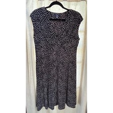 Chaps Womens XL Black Polka Dot Sleeveless V-Neck Ruched A-Line Jersey Dress