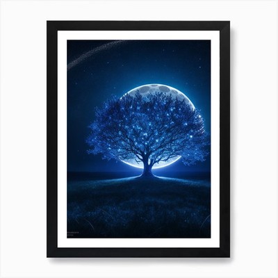 Baum im Mondschein 1 Kunstdruck gerahmt Wandbild Poster Leinwanddruck Bild