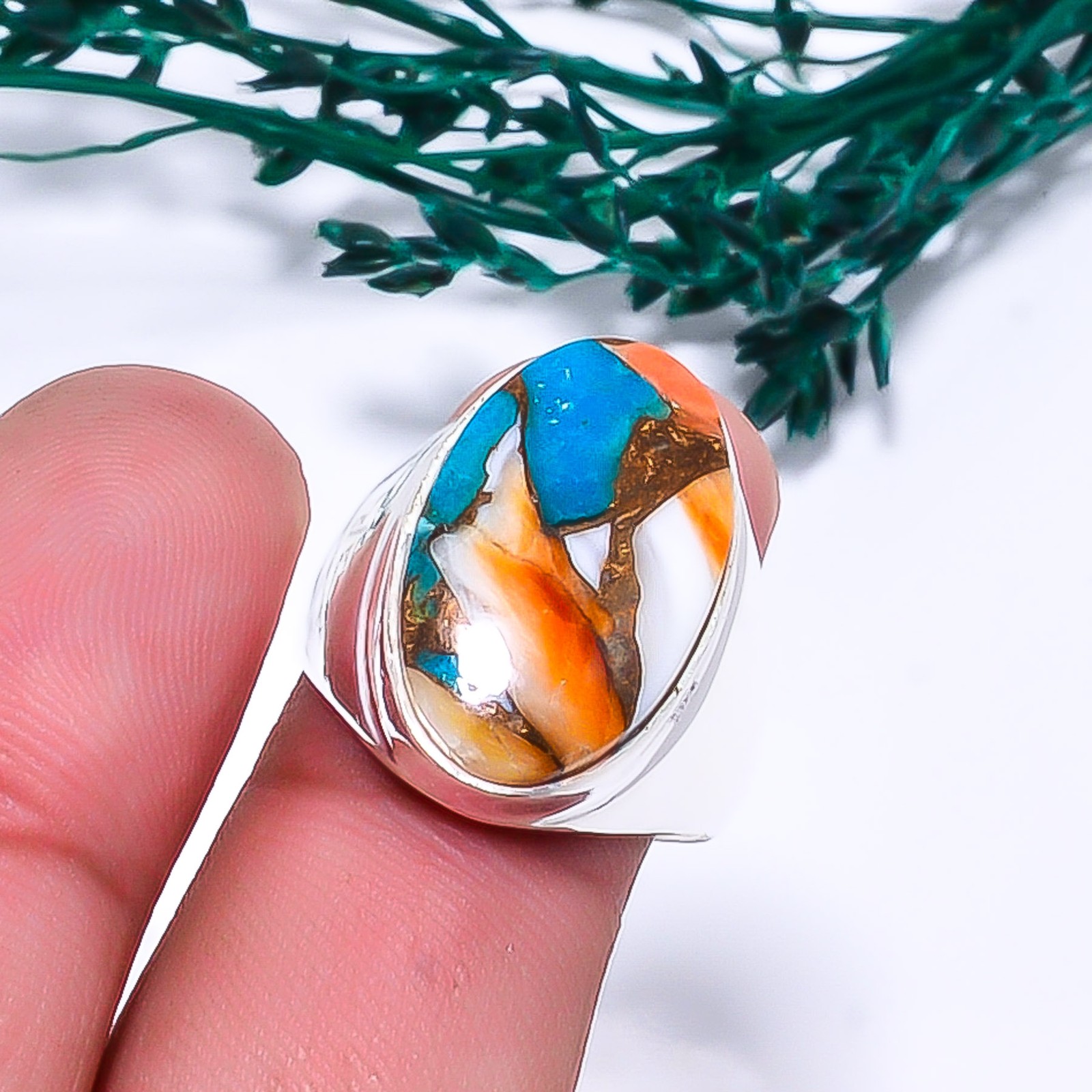 Copper Spiny Oyster Arizona Turquoise 925 Sterling Silver Ring S.7.5 R115115
