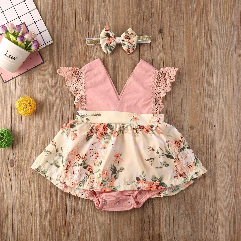 Jumpsuits Headband Clothes Set Newborn Baby Girl Floral Bodysuit V Neck Princess - Image 2 of 4
