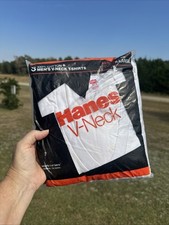 NOS Hanes V Neck EX-LARGE VINTAGE 1986 White T Shirt Made In USA 100% Cotton