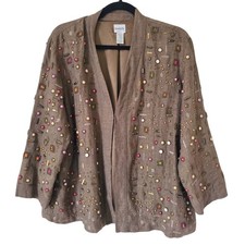 Chico's 3 Beaded Embroidered Linen Open Front Jacket Bronze Brown Womens XL Boho