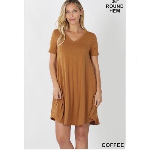 Coffee Brown V-Neck Swing T-Shirt Dress 