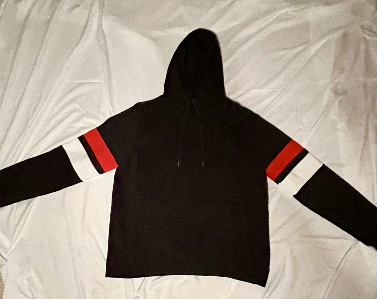 MENS MEDIUM NAVY WITH RED AND WHITE STRIPED SLEEVES HOODIE eBay