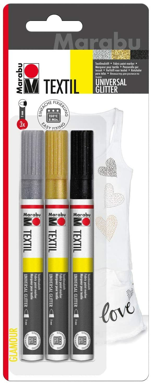 MARABU TEXTILE PAINTER / MARKER UNIVERSAL GLITTER 3mm TIP 3 Pen Set