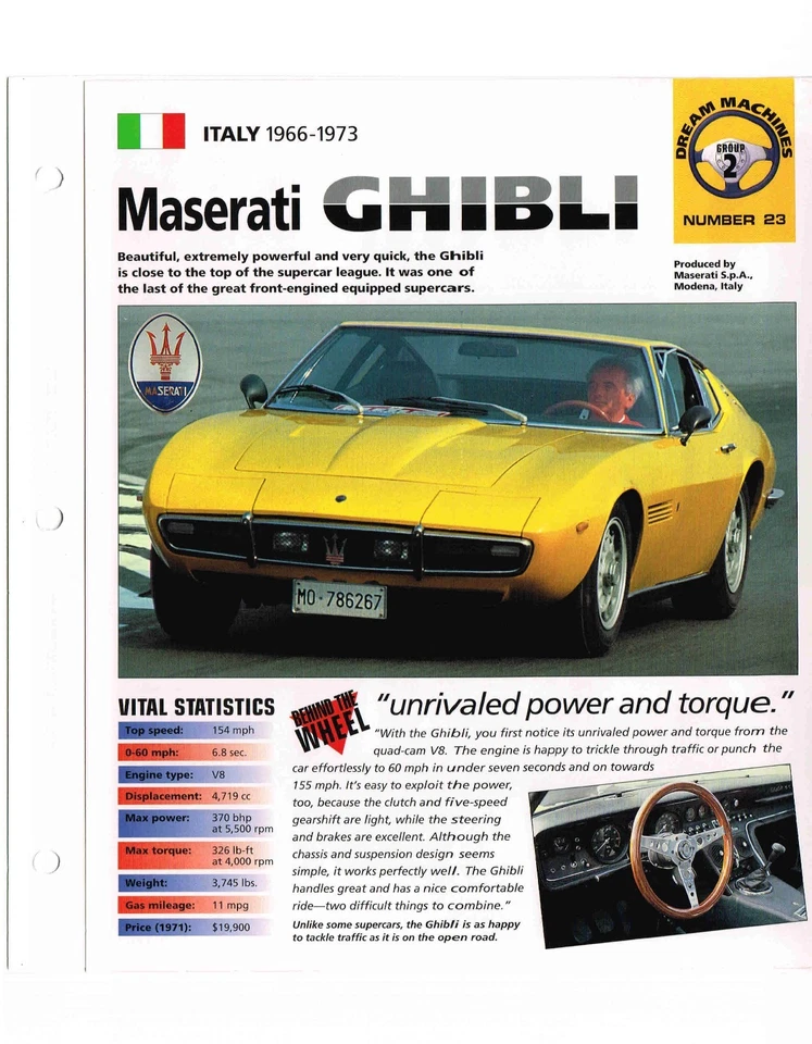HOJA DE ESPECIFICACIONES MASERATI GHIBLI / Folleto / Catálogo / Fotos: 1967, 1968, 1969,...... Foto 2 de 3
