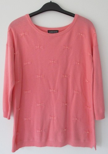 Maglione pull over misto cotone rosa Warehouse taglia 10 con perle e fiocchi