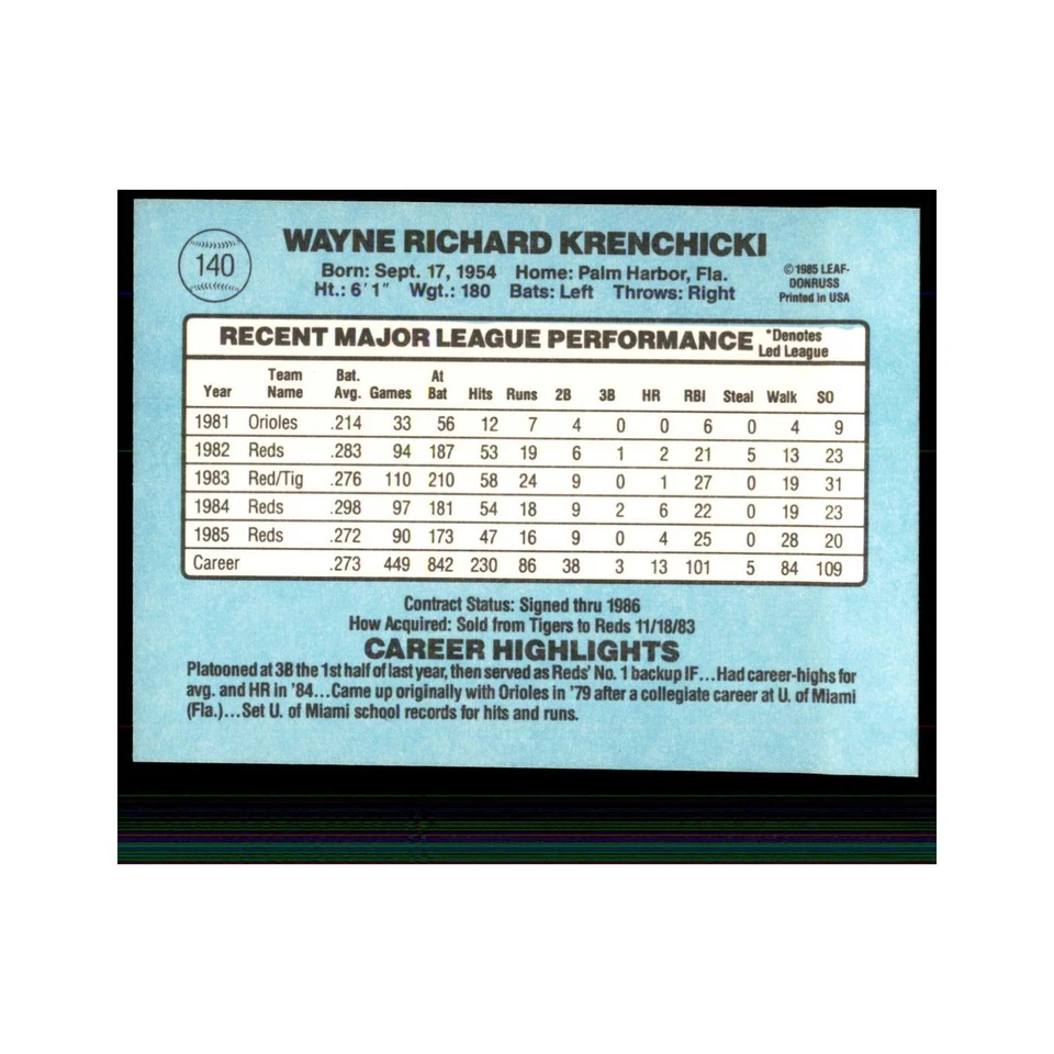 1986 Donruss Wayne Krenchicki Reds #140 - Image 2 of 3