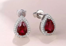 Simulated Red Ruby Women's Stud Earring 14K White Gold Plated 2.0Ct Pear Cut