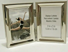 NEW Silver Hinged Double Metal 2.x3 " Picture Frame Tabletop or Wall Hang 