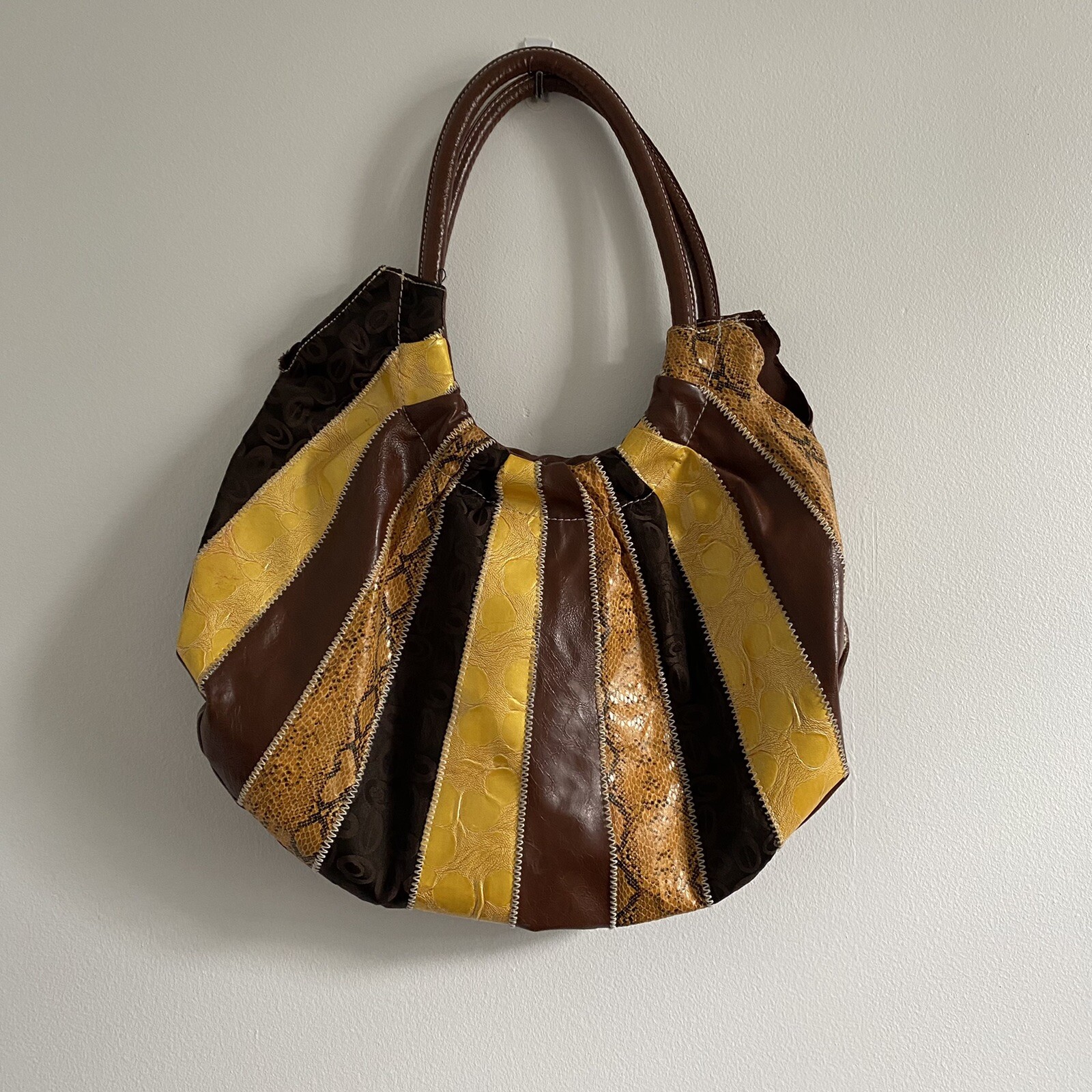 Boho Patchwork U Shaped Shoulder Bag gold brown b… - image 1