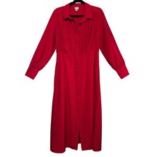 A New Day Womens M Classic Red Long Sleeve Button Down Shirred Waist Midi Dress