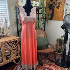 Vintage Hot Orange Taupe Lace V-Neck Boho Coquette Midi Maxi Nightgown Dress