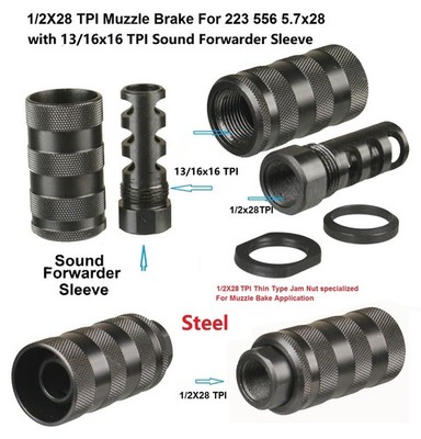 Steel 1/2X28 TPI Muzzle Brake With 13/16x16 TPI Forwarder W Jam Nut Crush Washer