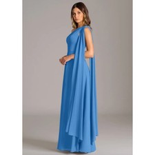 Azazie Tella One Shoulder Dress Chiffon Gown 14 Blue Jay Formal Bridesmaid A14