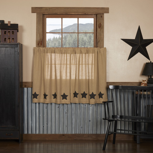 Primitive 36"x36" Stars Tier Pair Tan Rod Kitchen Window Curtains VHC Brands - Picture 2 of 6