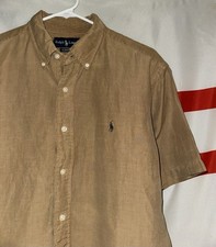 Polo Ralph Lauren Linen Silk Button Up Shirt Large Brown Short Sleeve