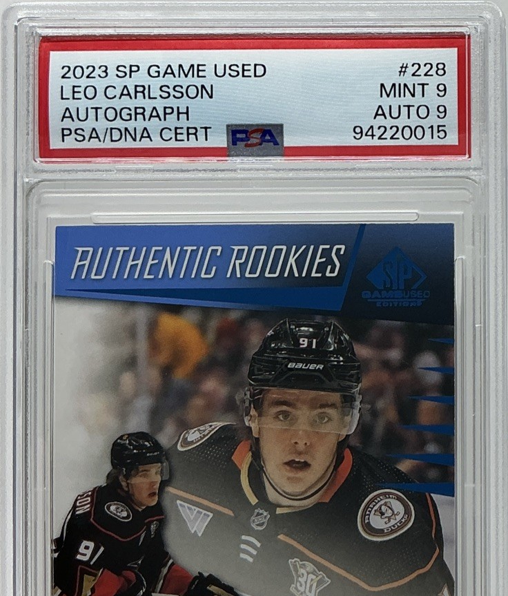 Leo Carlsson Rookie Auto PSA 9/9- 2023 Upper Deck SP Game Used Authentic -Ducks view 2