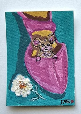Original ACEO Pink Shoe Mouse White Flower Magical Dulce Maria Rico''CINDERELLA''