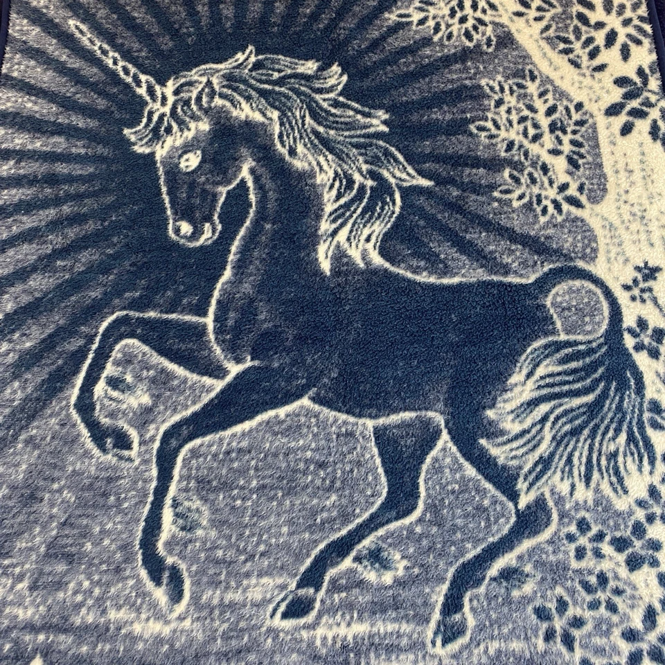 "De colección Cannon Ibena UNICORNIO Flor Manta Azul Blanco Acrílico Reversible 76"" X 55""" Foto 4 de 4