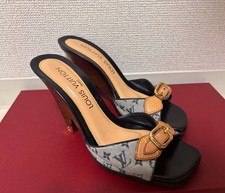 Louis Vuitton Mule Sandals Monogram Denim Leather Wood Heel Size EU 37 Japan