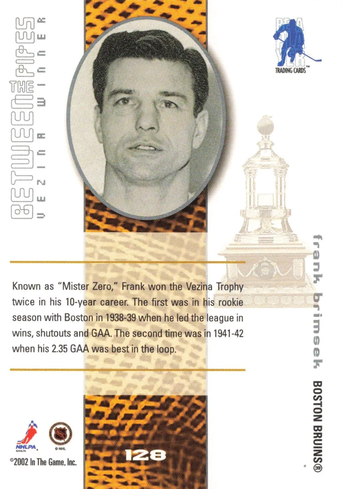 Frank Brimsek #128 2001-02 Be a Player Between the Pipes Boston Bruins Hockey - Image 2 of 2