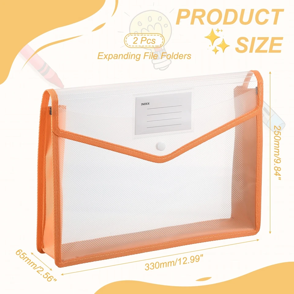 2 Pack A4 Plastic File Folders with Snap Closure, Orange, Horizontal - Изображение 2 из 4