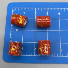 x4 Ceramic Macrame Tube Beads Red w Green Yellow Orange Specks Under 1" Tall