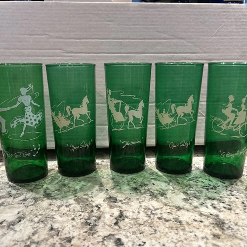 Vintage 50s Anchor Hocking Gay Nineties Green Glass Tumblers Glasses Set of 4