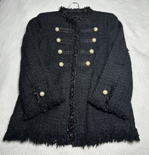 ZARA WOMAN Black Military Tweed Jacket w/ Pearl Buttons - Lined Open Front Sz M