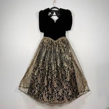 VTG Scott McClintock Party Dress Womens 4 Blk Velvet Gold Lace Keyhole 80s Prom