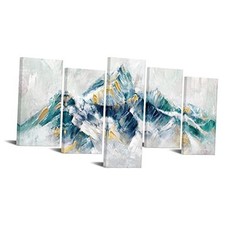 Large 5 Piece Abstract Canvas Wall Art Teal Green and Gold Mountain Painting