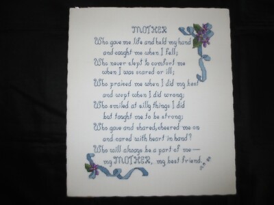 MY MOTHER, MY BEST FRIEND Verse CROSS STITCH EMBROIDERY on Art Board - 12'' x 14''