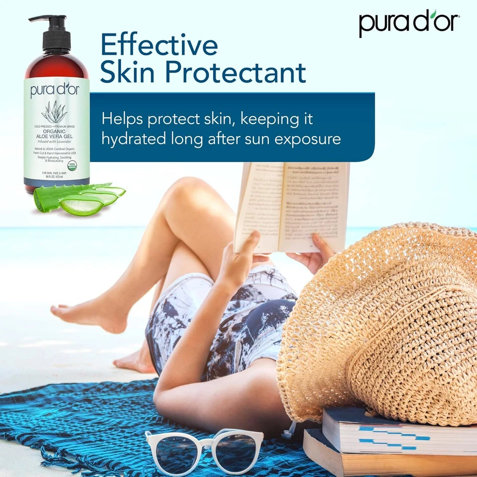 Gel de Aloe Vera Orgánico PURA D'OR 16 OZ Lavanda Original para Rostro, Piel y Cabello Foto 4 de 4