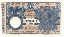 5 LIRE BIGLIETTO DI STATO VITTORIO EMANUELE III FLOREALE 05/11/1914 FDS