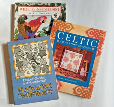 3 x Embroidery Needlework craft books Needlepoint Cross-Stitch & Blackwork