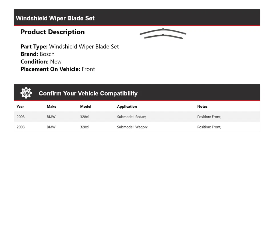 Juego de escobillas limpiaparabrisas delanteras para BMW 328xi Bosch 2008 Foto 2 de 3