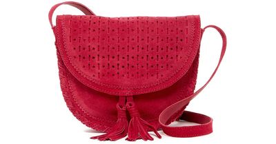 NEW SHIRALEAH EMMA BERRY,FUCHSIA SUEDE SADDLE,TASSEL,MESSENGER CROSSBODY,BAG