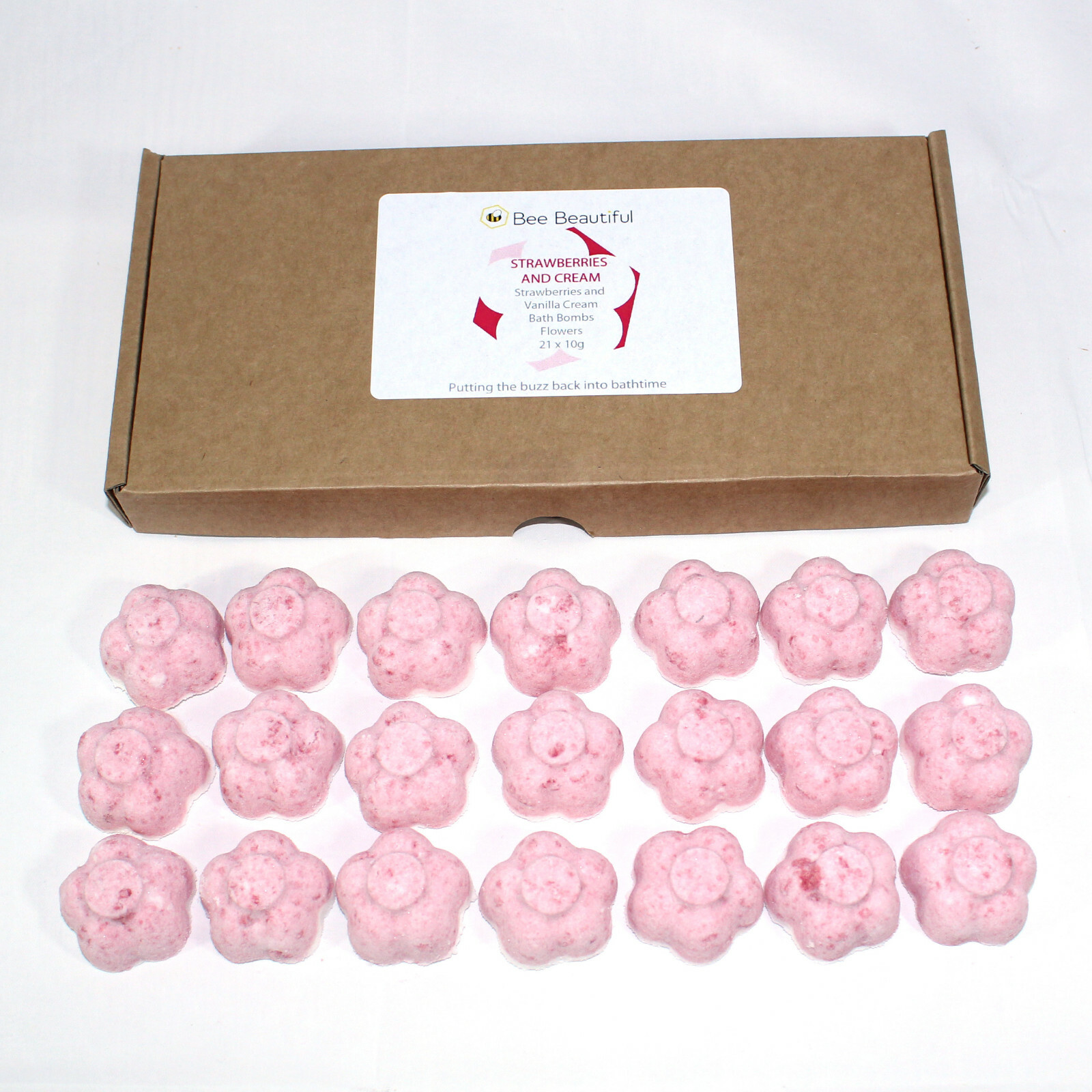 Bath Bombs pink white Strawberries & cream scented eco box of 21
