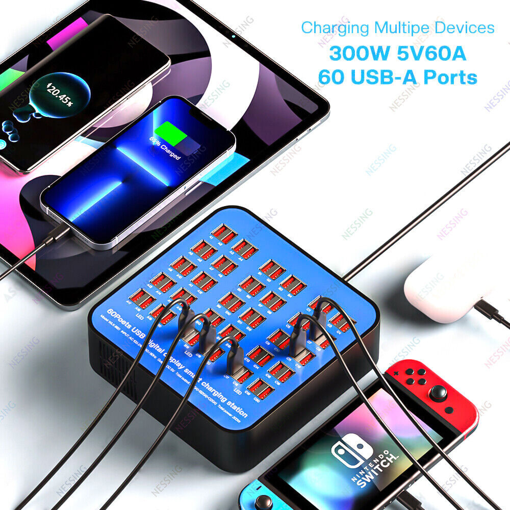 60-Port 300W Fast USB Hub Charger for Phones and Devices
