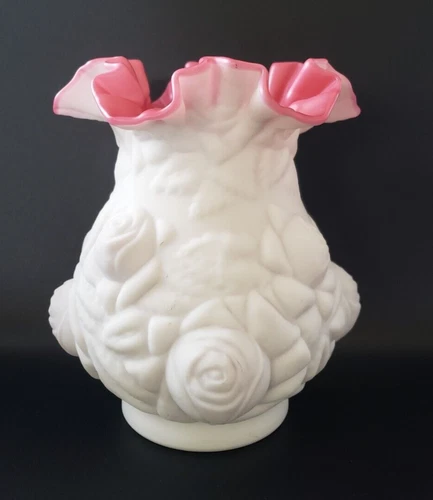 Satin White Cased Cranberry Glass Fenton L.G. Wright PUFFY ROSES 8" Vase 1960's