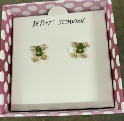 Betsey Johnson Tree Frog Green & Gold Stud Designer Earrings New In Box