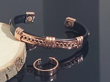 Solid Copper Leather Wrapped Magnetic Cuff Bracelet Ring Set Copper Cuban Chain