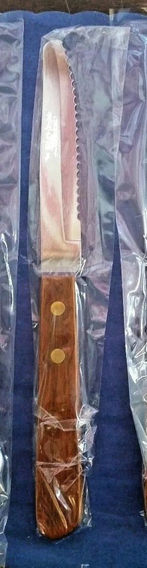 (ONE DOZEN) 8 1/2" STEAK KNIFE WITH WOOD HANDLE S/S SERRATED EDGE ROUNDED TIP