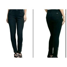 SEVEN7 Sz 8 Mid-Rise Skinny Jeans Studded Embellished Raw Hem Black Denim