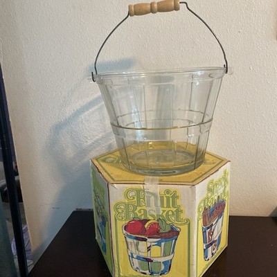 Vintage Anchor Hocking Clear Glass Basket & Wire/Wood Handle Original Box