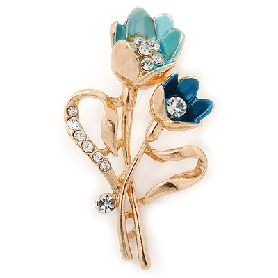 Teal/ Light Blue Crystal Tulip Brooch In Gold Tone - 55mm L