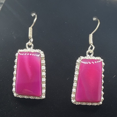 925 Sterling Silver Rectangle Dangle/Drop Hook Earrings  Pink Agate  1.5 in